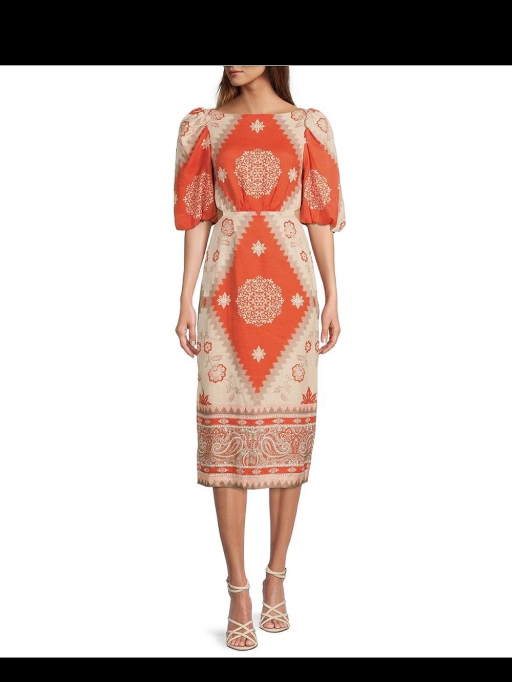 ANTONIO MELANI Coral and Cream Printed Puff-Sleeve Midi Dress